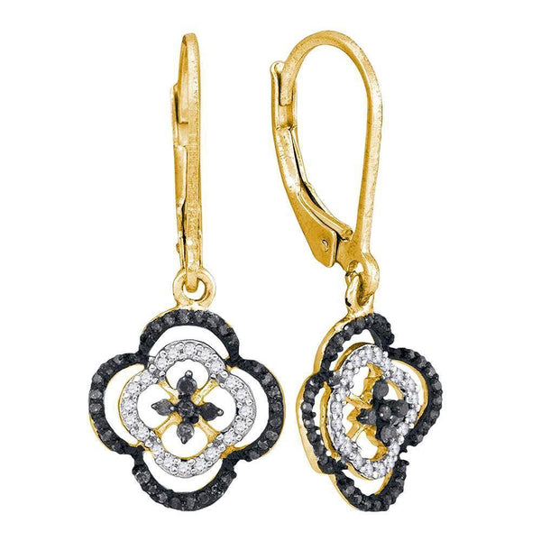 10K Yellow Gold Round Black Color Enhanced Diamond Quatrefoil Leverback Dangle Earrings 1/3 Cttw - Gold Americas