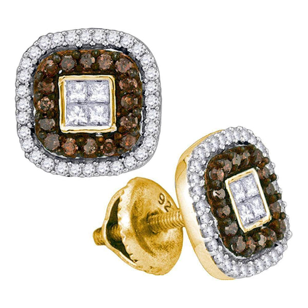 10K Yellow Gold Round Cognac-brown Color Enhanced Diamond Square Frame Cluster Earrings 1/2 Cttw - Gold Americas