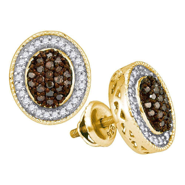 10K Yellow Gold Round Cognac-brown Color Enhanced Diamond Oval Frame Cluster Earrings 1/2 Cttw - Gold Americas