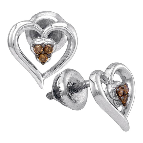 Sterling Silver Round Cognac-brown Color Enhanced Diamond Heart Earrings 1/12 Cttw
