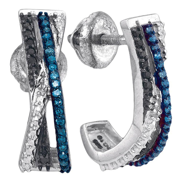 Sterling Silver Round Blue Black Color Enhanced Diamond Stripe Half J Hoop Earrings 1/5 Cttw - Gold Americas