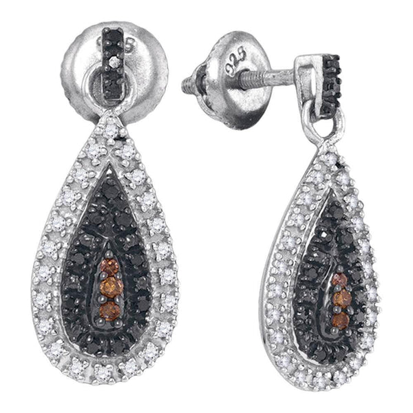 Sterling Silver Round Black Color Enhanced Diamond Teardrop Dangle Earrings 1/3 Cttw - Gold Americas