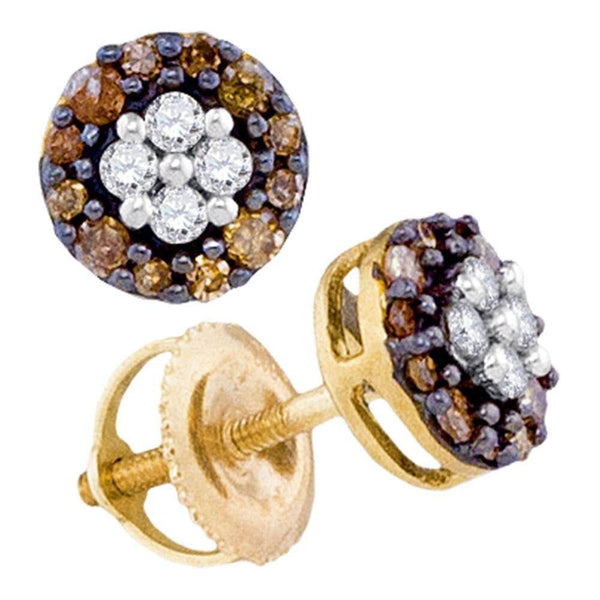 10K Yellow Gold Round Cognac-brown Color Enhanced Diamond Cluster Earrings 1/3 Cttw - Gold Americas
