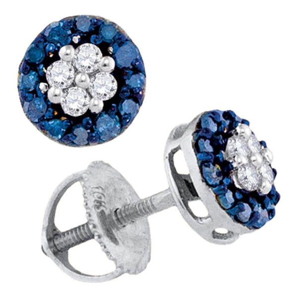 10K White Gold Round Blue Color Enhanced Diamond Cluster Screwback Earrings 1/3 Cttw - Gold Americas