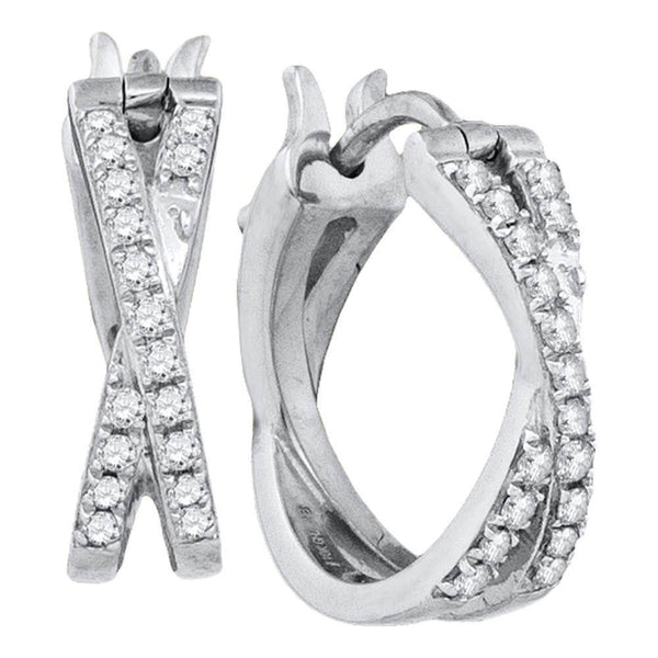 10K White Gold Round Pave-set Diamond Double Row Crossover Hoop Earrings 3/8 Cttw - Gold Americas