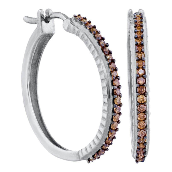 10K White Gold Round Cognac-brown Color Enhanced Diamond Single Row Hoop Earrings 1/2 Cttw - Gold Americas