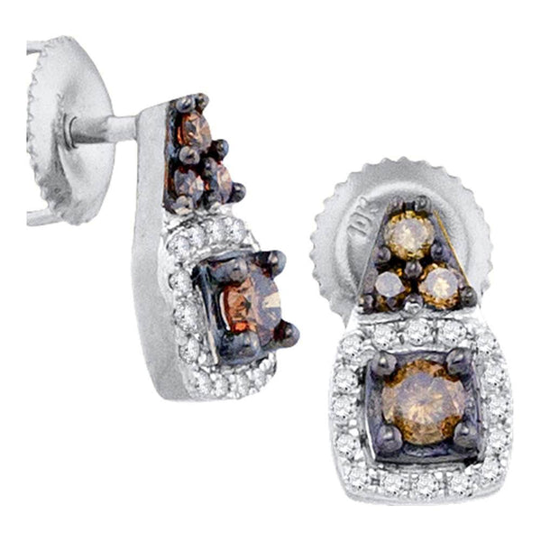 10K White Gold Round Cognac-brown Color Enhanced Diamond Solitaire Screwback Earrings 3/8 Cttw