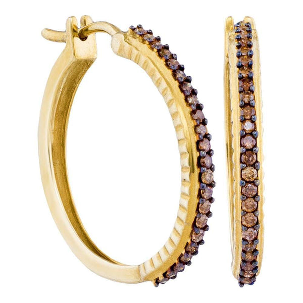 10K Yellow Gold Round Cognac-brown Color Enhanced Diamond Single Row Hoop Earrings 1/2 Cttw - Gold Americas