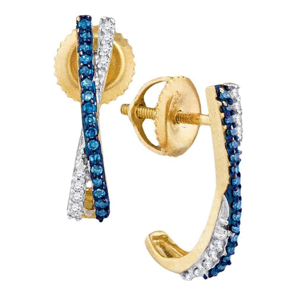10K Yellow Gold Round Blue Color Enhanced Diamond Half J Hoop Earrings 1/8 Cttw - Gold Americas