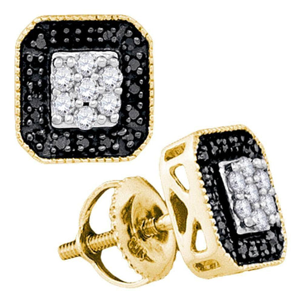 10K Yellow Gold Round Black Color Enhanced Diamond Square Frame Cluster Earrings 1/4 Cttw - Gold Americas