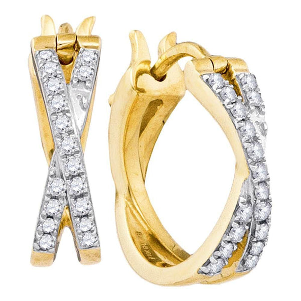 10K Yellow Gold Round Pave-set Diamond Double Row Crossover Hoop Earrings 3/8 Cttw - Gold Americas