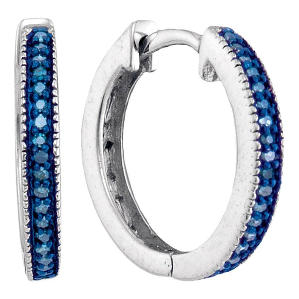 Sterling Silver Round Blue Color Enhanced Diamond Single Row Hoop Earrings 1/10 Cttw - Gold Americas