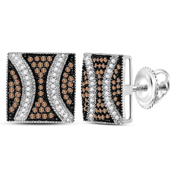 Sterling Silver Round Brown Color Enhanced Diamond Square Cluster Earrings 1/2 Cttw - Gold Americas