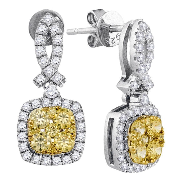 14K White Gold Round Yellow Diamond Square Frame Cluster Dangle Earrings 1-1/3 Cttw - Gold Americas