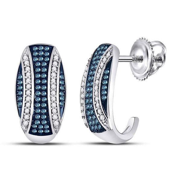 10K White Gold Round Blue Color Enhanced Diamond Half J Hoop Earrings 3/8 Cttw - Gold Americas