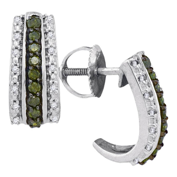 10K White Gold Round Green Color Enhanced Diamond Half J Hoop Earrings 1/3 Cttw - Gold Americas