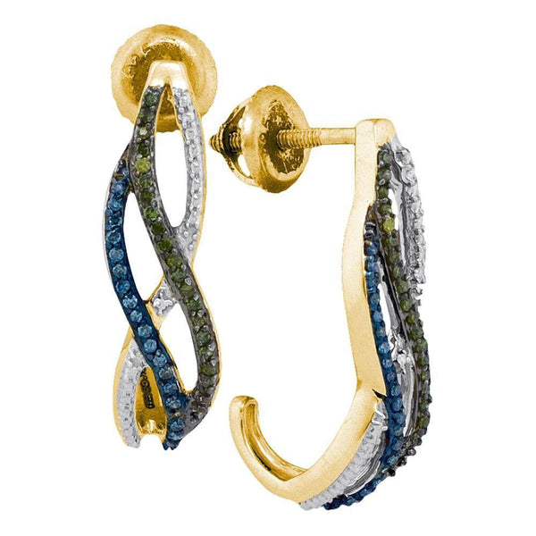 10K Yellow Gold Round Green Blue Color Enhanced Diamond Half J Hoop Earrings 1/4 - Gold Americas