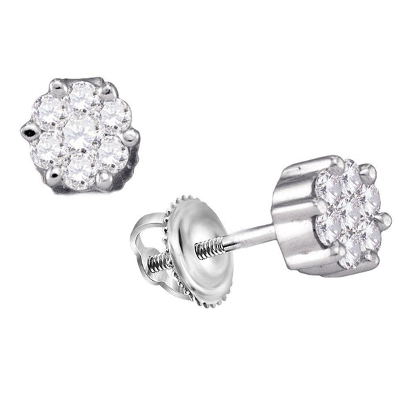 14k White Gold Round Diamond Flower Cluster Screwback Stud Earrings 1/6 Cttw - Gold Americas