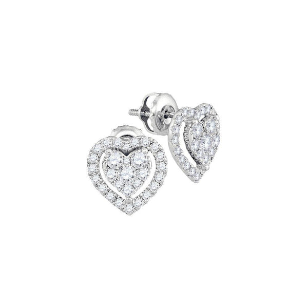 14K White Gold Round Diamond Heart Frame Cluster Stud Earrings 3/4 Cttw - Gold Americas
