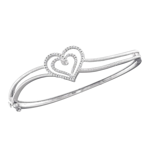 Sterling Silver Diamond Double Heart Bangle Bracelet 1/20 Cttw