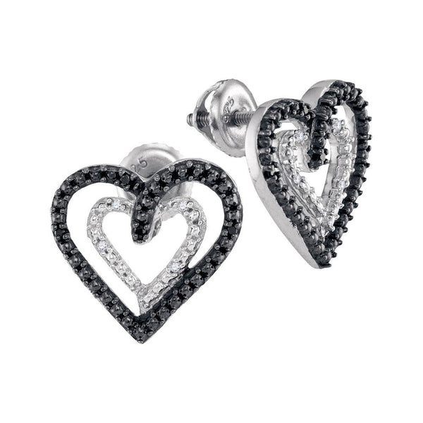 Sterling Silver Round Black Color Enhanced Diamond Double Heart Stud Earrings 1/20 Cttw