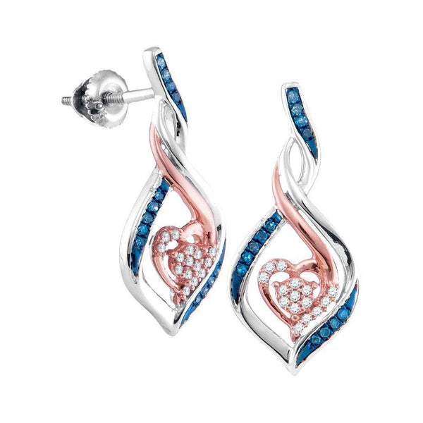 10K White Gold Round Blue Color Enhanced Diamond Rose-tone Heart Earrings 1/6 Cttw - Gold Americas