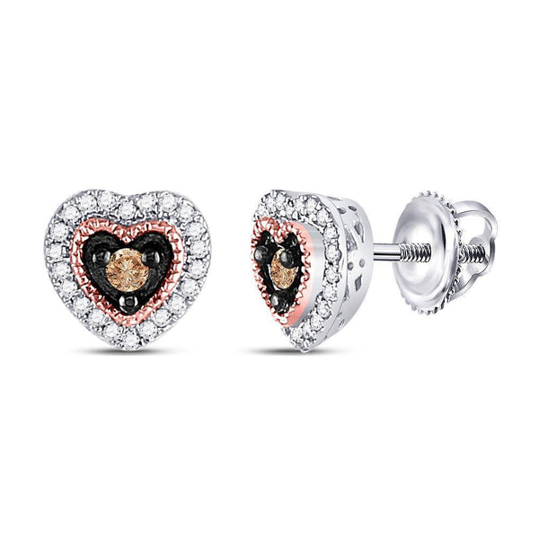 10K Two-tone Gold Round Brown Color Enhanced Diamond Heart Earrings 1/5 Cttw - Gold Americas