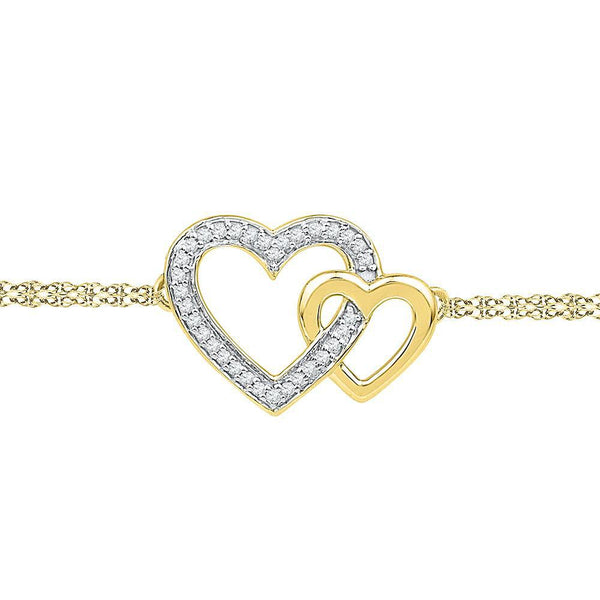 10K Yellow Gold Diamond Double Heart Bracelet 1/10 Cttw