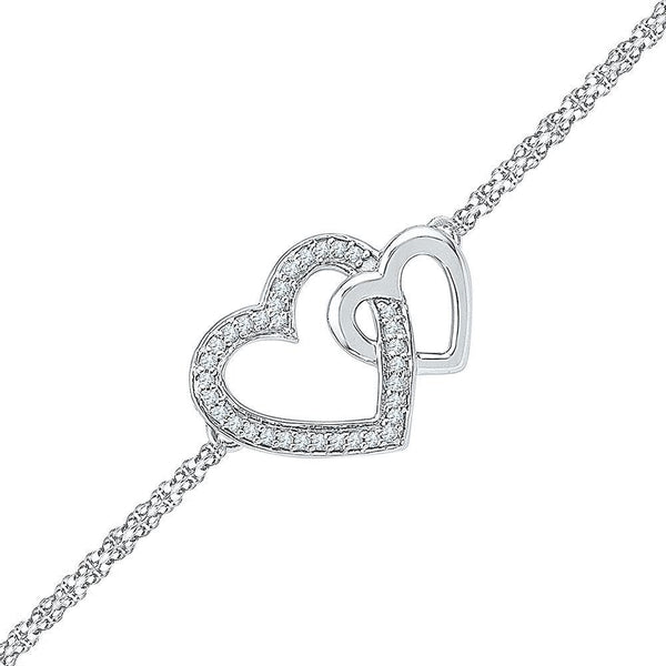 Sterling Silver Diamond Double Heart Chain Bracelet 1/10 Cttw