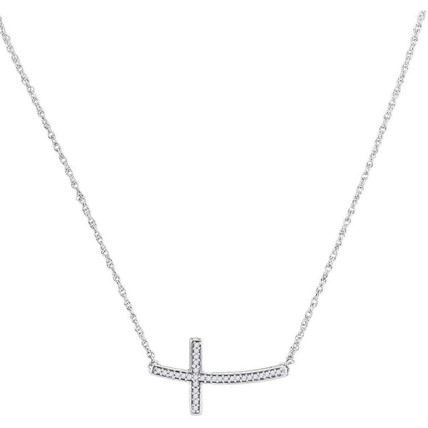 10K White Gold Womens Round Diamond Horizontal Cross Pendant Necklace 1/10 Cttw