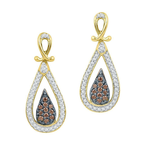 10K Yellow Gold Round Brown Color Enhanced Diamond Teardrop Dangle Earrings 1/3 Cttw - Gold Americas