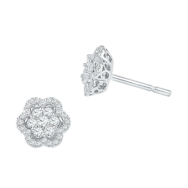 10K White Gold Round Diamond Flower Cluster Stud Earrings 1/2 Cttw - Gold Americas