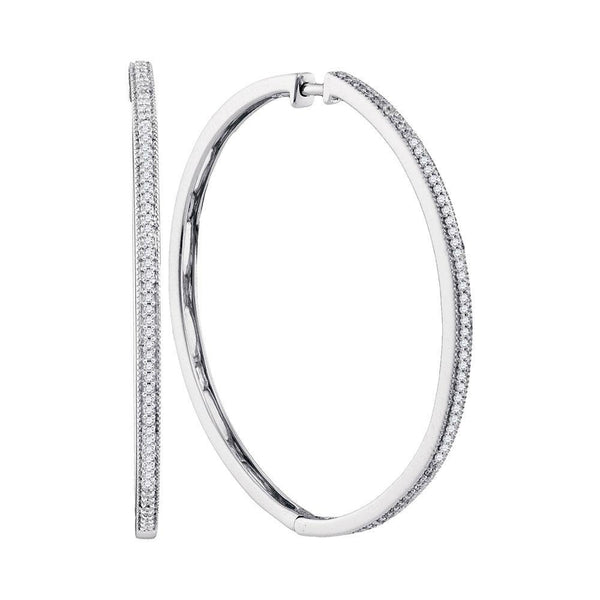 10K White Gold Round Diamond Slender Large Milgrain Hoop Earrings 1/3 Cttw - Gold Americas
