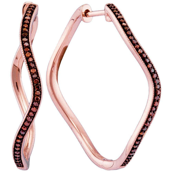 10K Rose Gold Round Red Color Enhanced Diamond Wavy Hoop Earrings 1/4 Cttw - Gold Americas