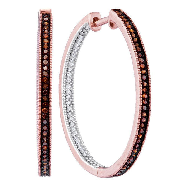 10K Rose Gold Round Red Color Enhanced Diamond Hoop Inside Outside Earrings 1/2 Cttw - Gold Americas