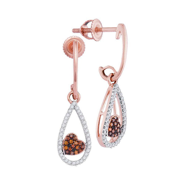 10K Rose Gold Round Red Color Enhanced Diamond Heart Dangle Earrings 1/5 Cttw - Gold Americas