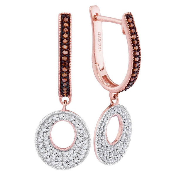 10K Rose Gold Round Red Color Enhanced Diamond Circle Dangle Hoop Earrings 3/8 Cttw - Gold Americas