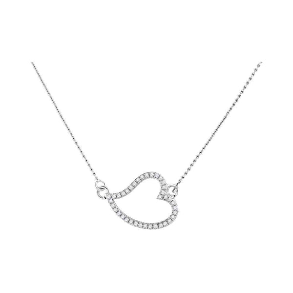 10K White Gold Womens Round Diamond Horizontal Heart Pendant Necklace 1/6 Cttw