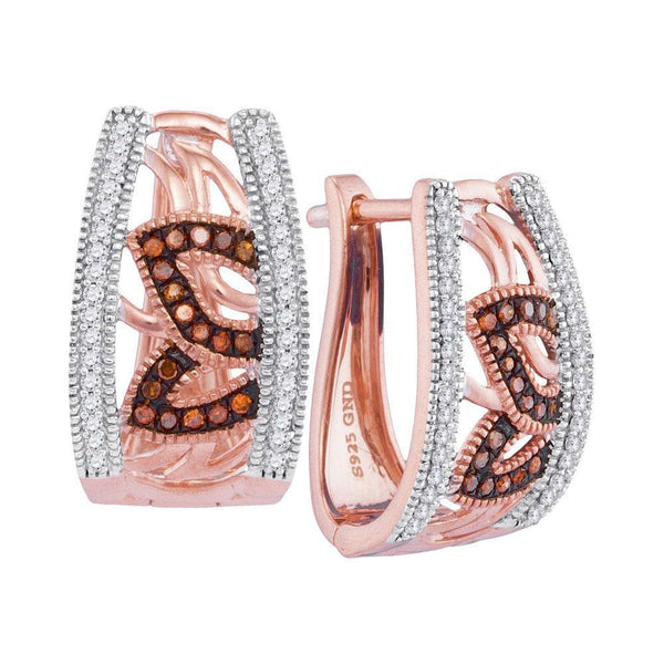 10K Rose Gold Round Red Color Enhanced Diamond Floral Milgrain Hoop Earrings 1/3 Cttw - Gold Americas