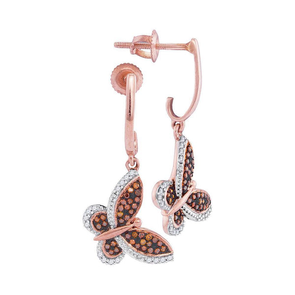 10K Rose Gold Round Red Color Enhanced Diamond Butterfly Bug Screwback Dangle Earrings 1/4 Cttw - Gold Americas