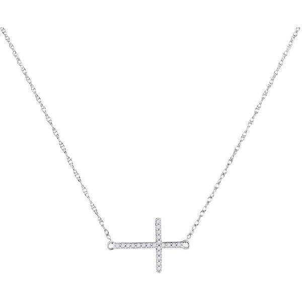 10K White Gold Womens Round Diamond Sideways Horizontal Cross Religious Pendant Necklace 1/20 Cttw