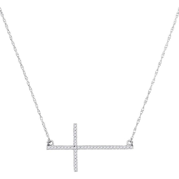 10K White Gold Womens Round Diamond Horizontal Cross Pendant Necklace 1/8 Cttw
