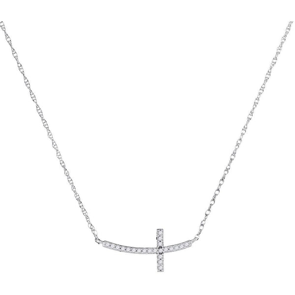 10K White Gold Womens Round Diamond Small Horizontal Cross Pendant Necklace 1/20 Cttw