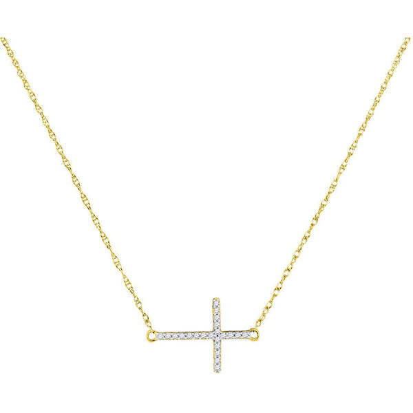 10K Yellow Gold Womens Round Diamond Sideways Horizontal Cross Pendant Necklace 1/20 Cttw