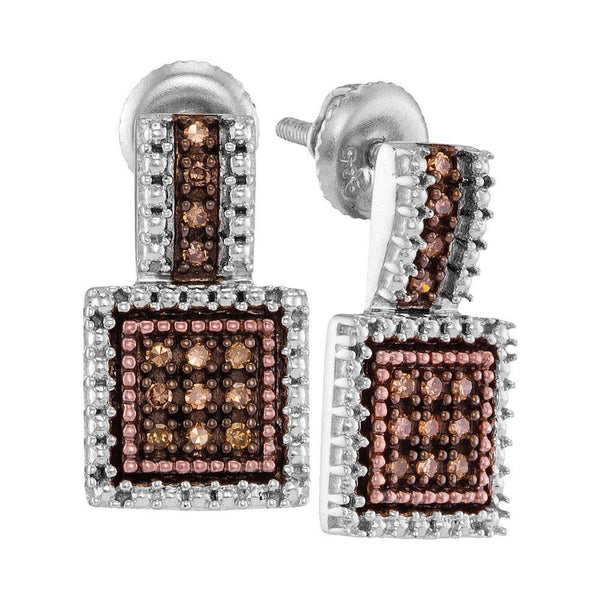 Sterling Silver Round Cognac-brown Color Enhanced Diamond Square Cluster Earrings 1/5 Cttw - Gold Americas