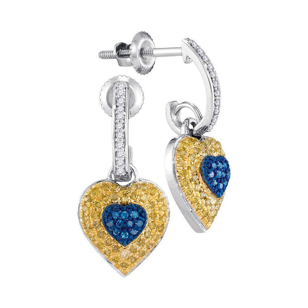 10K White Gold Round Blue Yellow Color Enhanced Diamond Heart Dangle Earrings 1/3 Cttw - Gold Americas