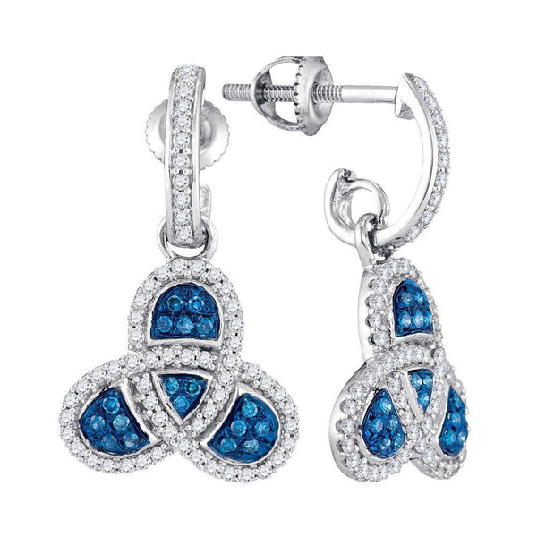 10K White Gold Round Blue Color Enhanced Diamond Trefoil Dangle Earrings 1/2 Cttw - Gold Americas