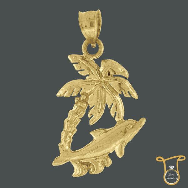 10kt Yellow Gold Hawaiian Palm Tree Dolphin Animal Fashion Charm Pendant, Pendants, Silverine, Jawa Jewelers